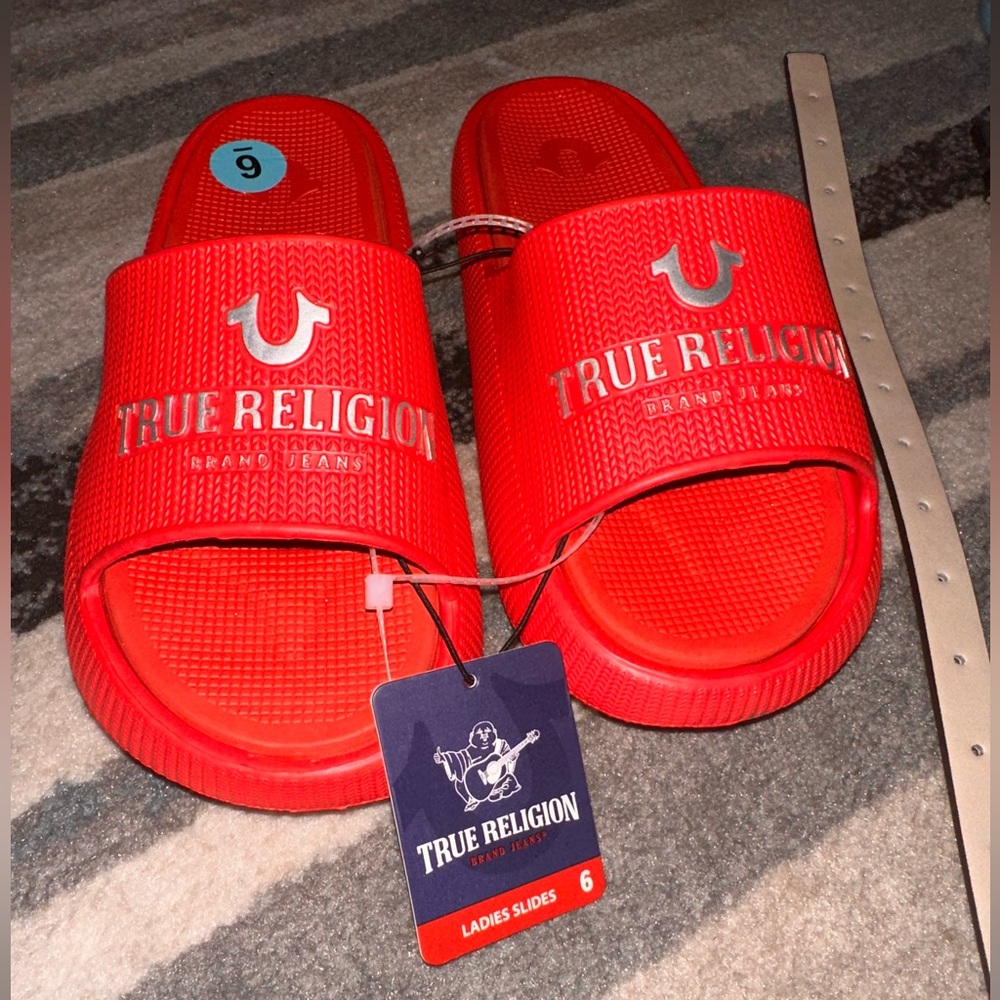 True Religion Orange Red Slides